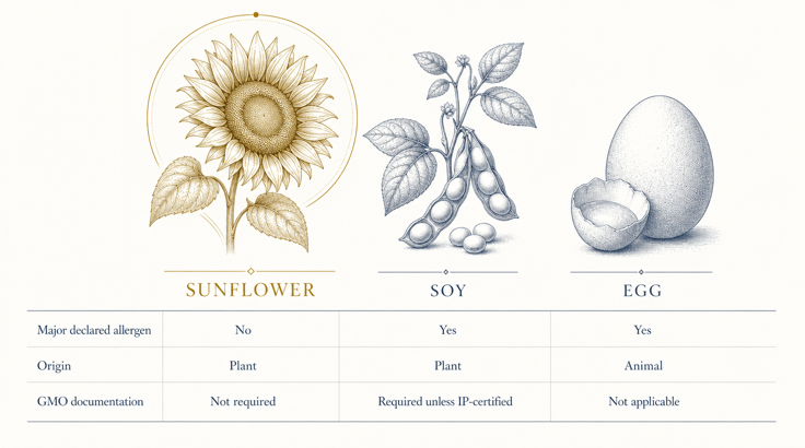 Comparison of sunflower, soy, and egg lecithin across three attributes: major declared allergen status, plant or animal origin, and GMO documentation requirements.